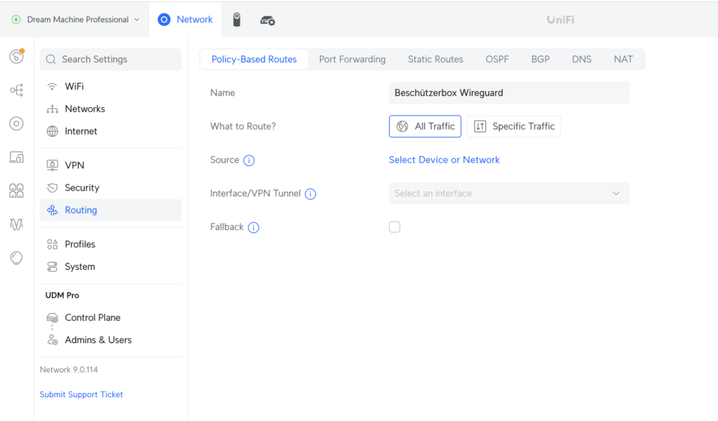 UniFi Routing Einstellungen für WireGuard VPN