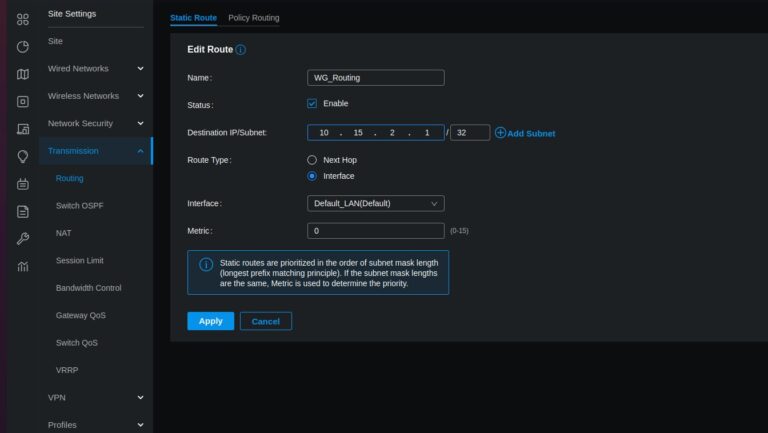Omada Controller Routing Einstellungen